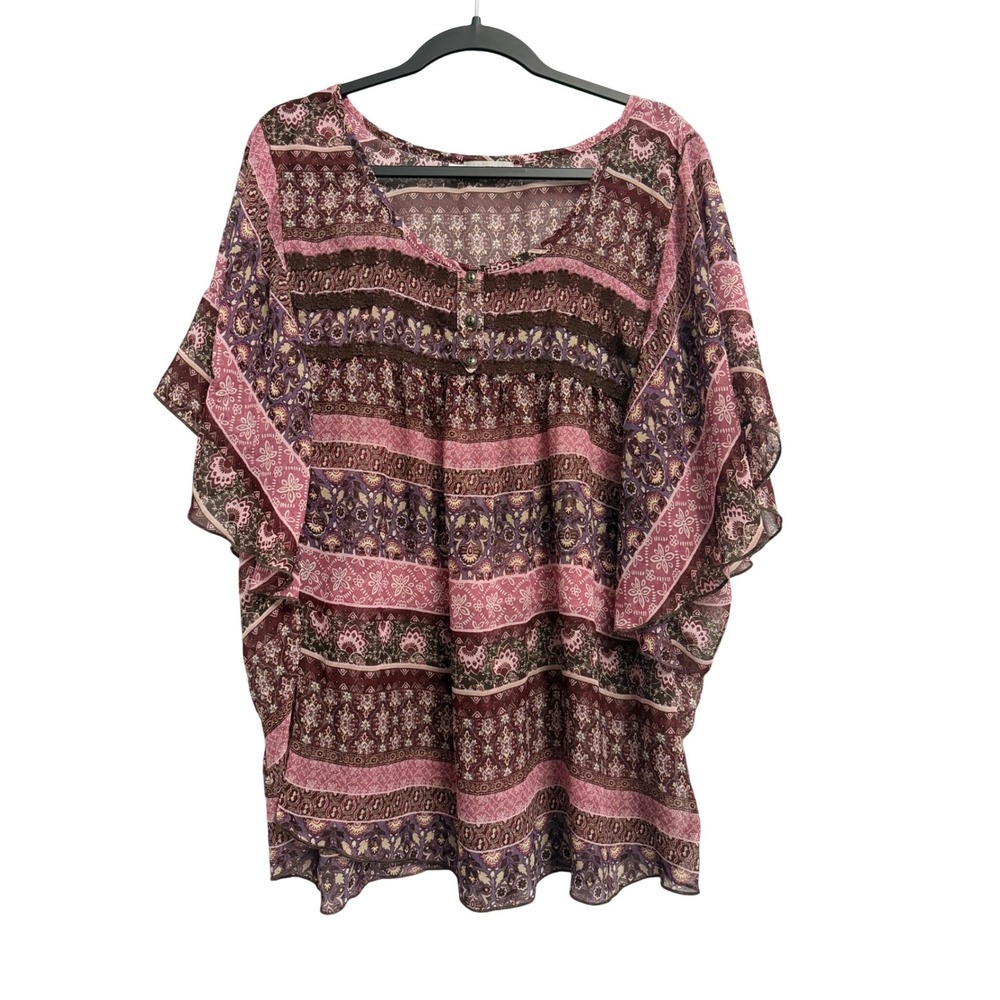 Maurices Womens Size 2 Boho Floral Chiffon Blouse Plum Mauve Flutter Sleeve